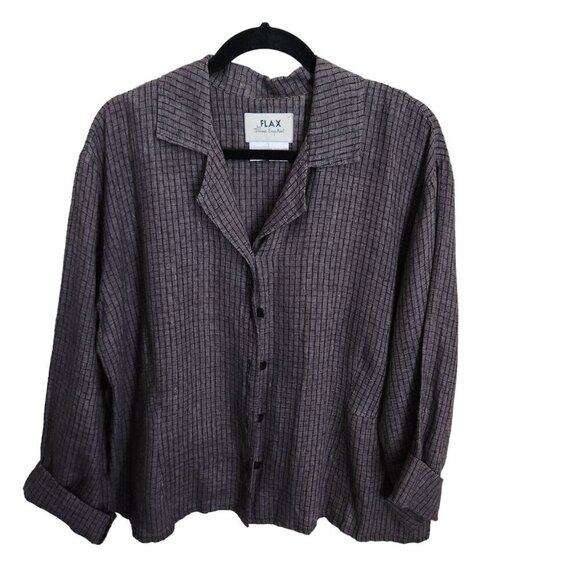 FLAX 100% Linen Jacket Check Plaid Women's Large Shirt Brown Lagenlook Relaxed - Picture 3 of 13
